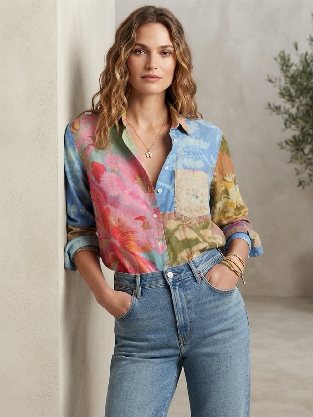 70s Zara Floral Patchwork Cotton Button Down Shirt Boho Eclectic Maximalist XS